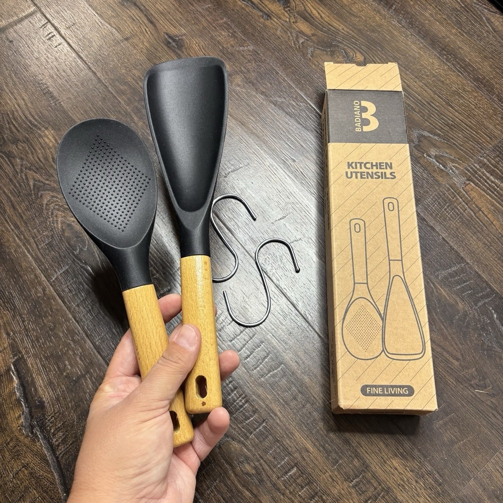 Cooking Spoon and Rice Scooper for Nonstick Cookwares, Great Black